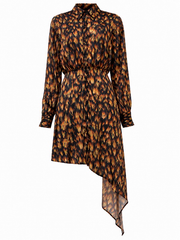 【新品DRESS 1012】襟付き総柄パターンアシンメトリーフレアミニドレス ブラックオレンジ【TOPSHOP】